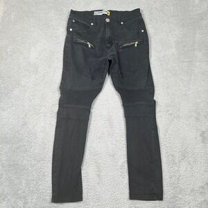 Demolition Statement Mens Black Moto Biker Jeans Ribbed Slim Fit Size 36x32